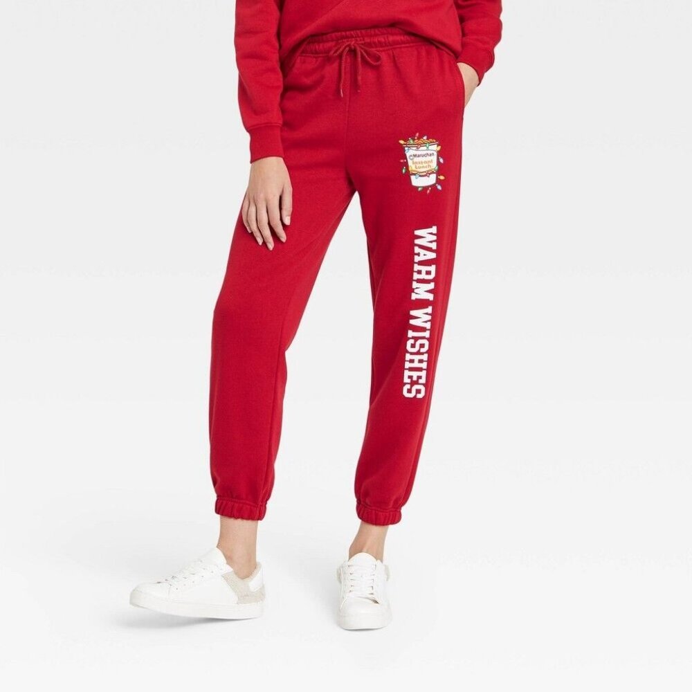 Maruchan Women's Warm Wishes Jogger Sweat Pants Cropped Red Instant Lunch-Sm-NWT